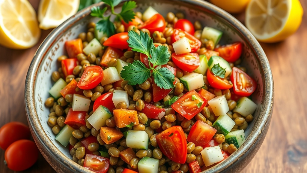 Mediterranean Lentil Salad Recipe A vibrant Mediterranean Lentil Salad with lentils, cucumbers, bell peppers, tomatoes, and parsley in a bowl on a wooden table.